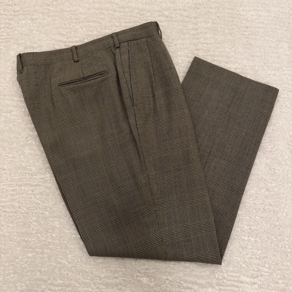 Lands’ End 100% Virgin Wool Glen Plaid Dress Trousers – Size 35 Fit 36 × 30 Vint